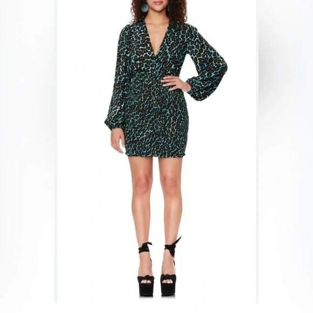AFRM Leopard Print Smocked Waist V Neck Long Sleeve Mini Dress size SP NWT‎